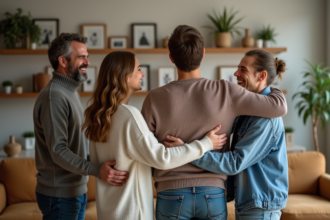 Jeune couple de mariés accueillis par la famille dans un salon chaleureux