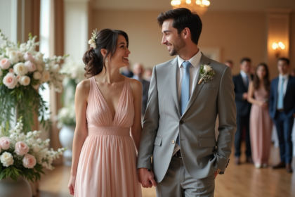 Jeune couple échange un regard lors d'une réception élégante