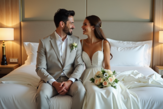 Jeune couple marié souriant dans une chambre élégante