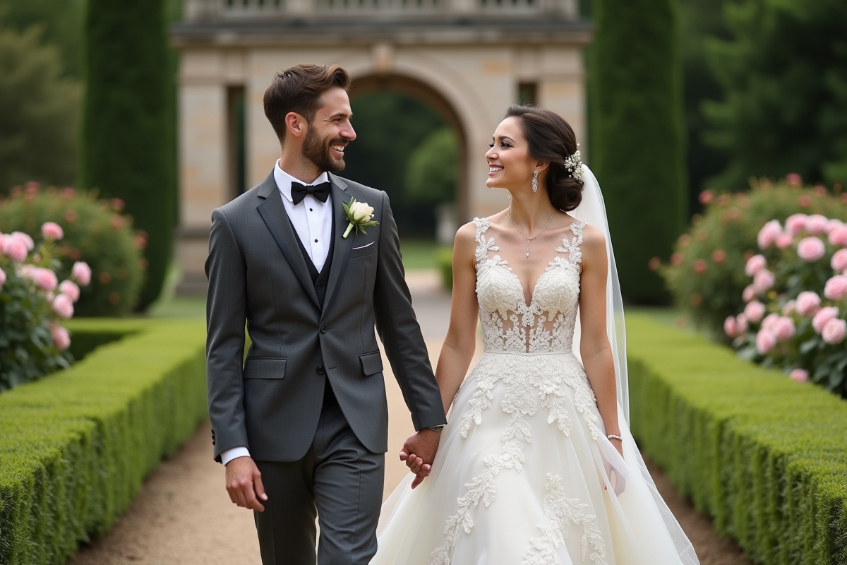 Jeune couple de mariés dans un jardin fleuri lors de leur mariage