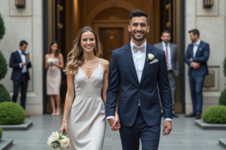 Jeune couple marié sortant mairie moderne en ville