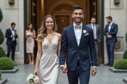 Jeune couple marié sortant mairie moderne en ville