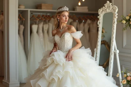 Jeune femme en robe de mariée princesse ajustant son vêtement
