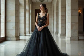 Jeune femme en robe de mariée élégante dans une mairie moderne