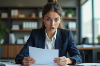 Jeune femme surprise lisant une lettre dans un bureau
