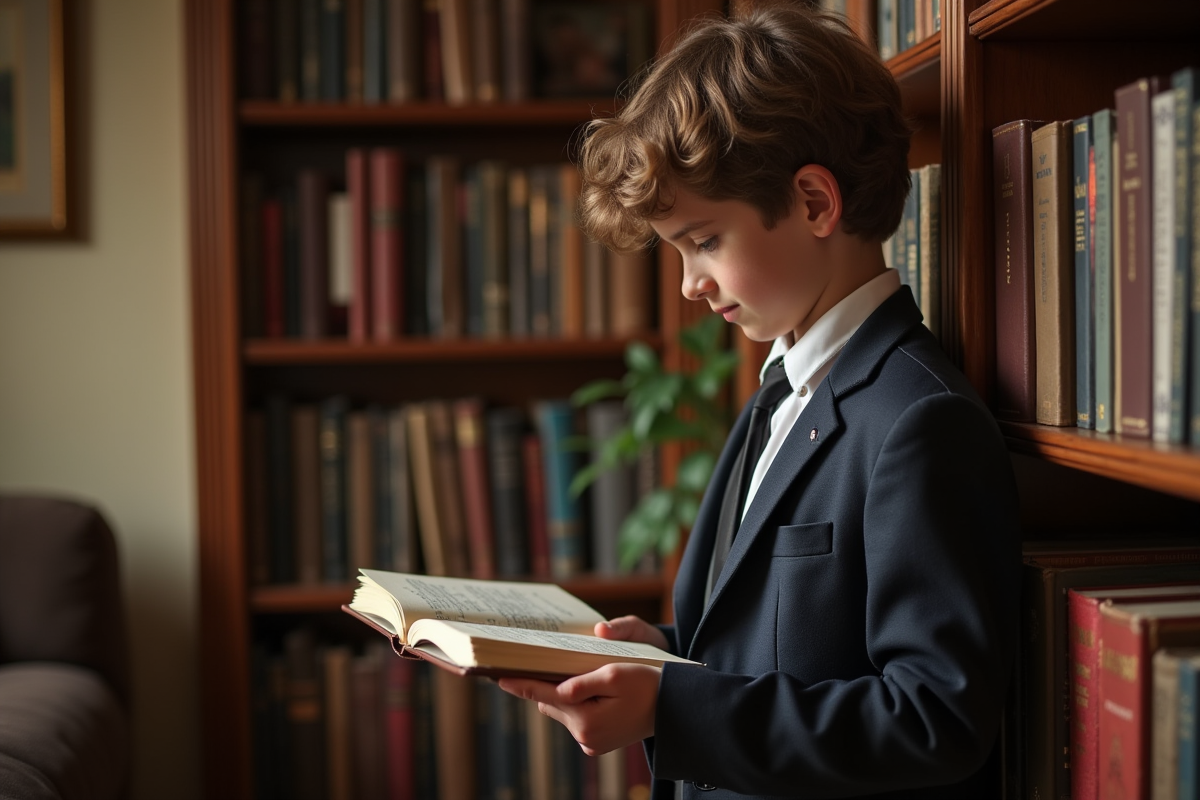 Jeune garçon lisant un guestbook dans un salon chaleureux