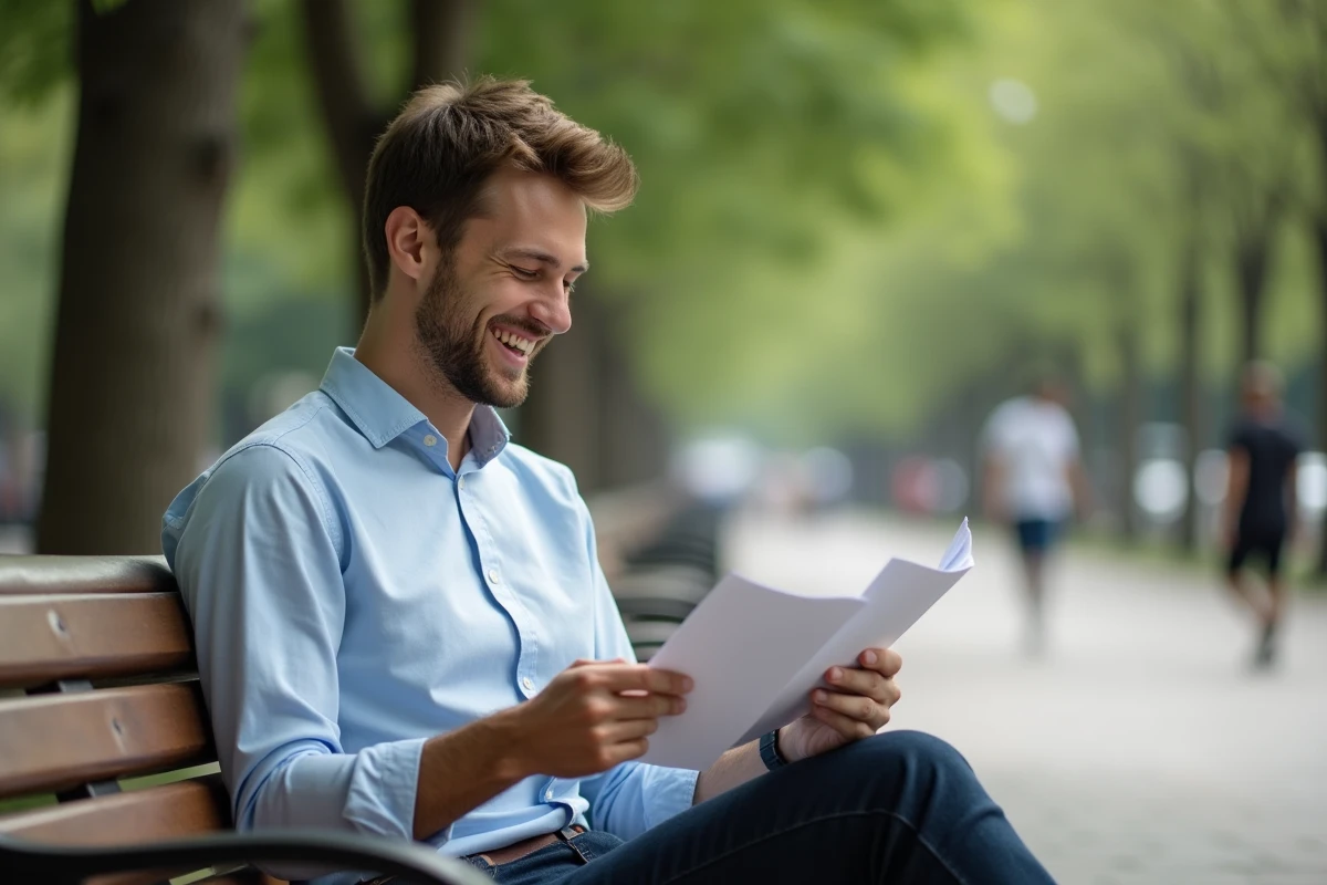 Jeune homme riant en lisant ses notes dans un parc