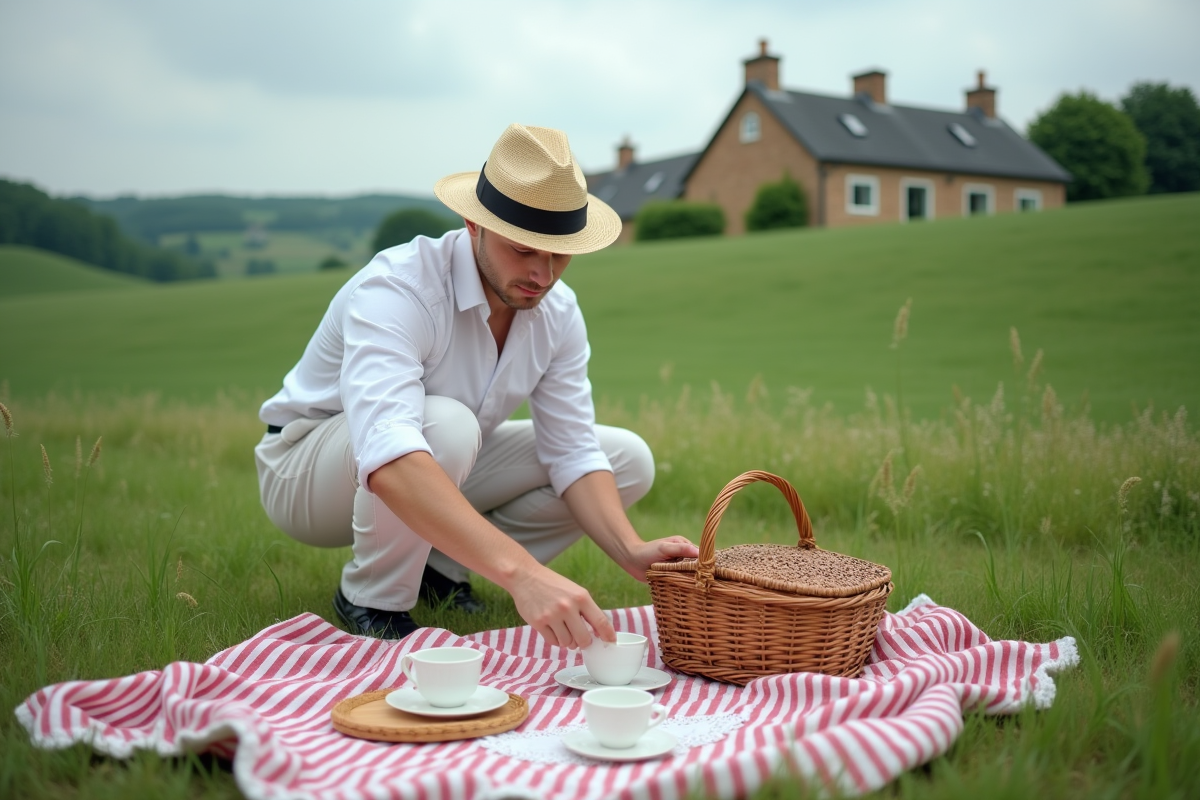 Jeune homme en chemise blanche préparant un pique-nique dans un champ verdoyant