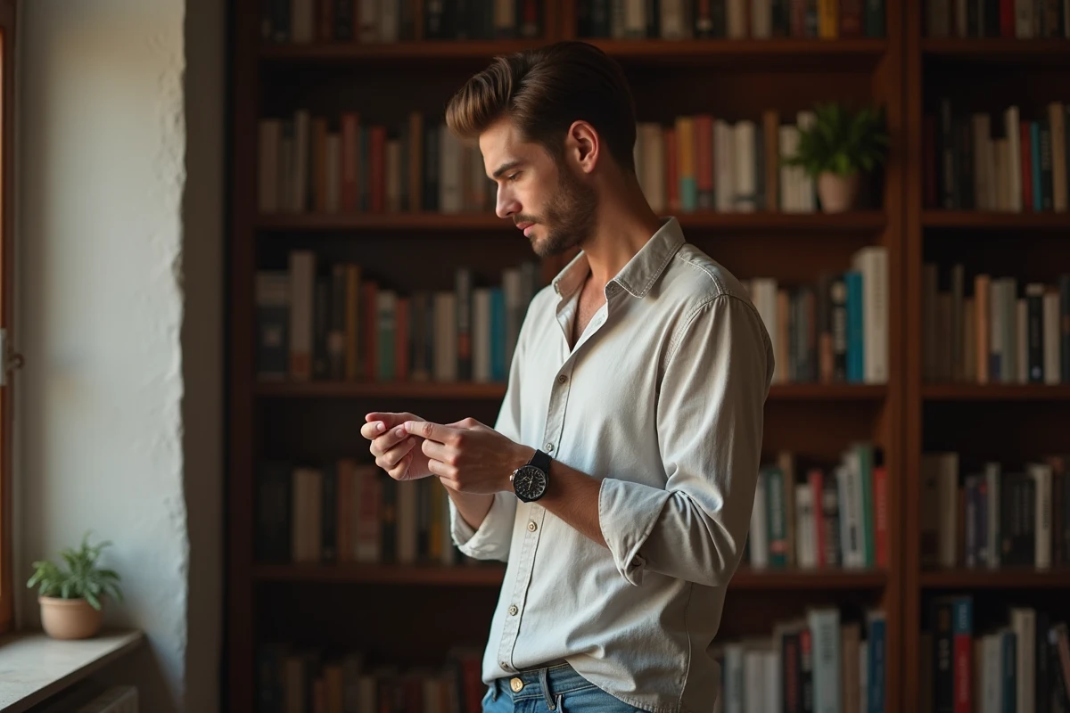 Jeune homme ajustant une bague dans un intérieur cosy