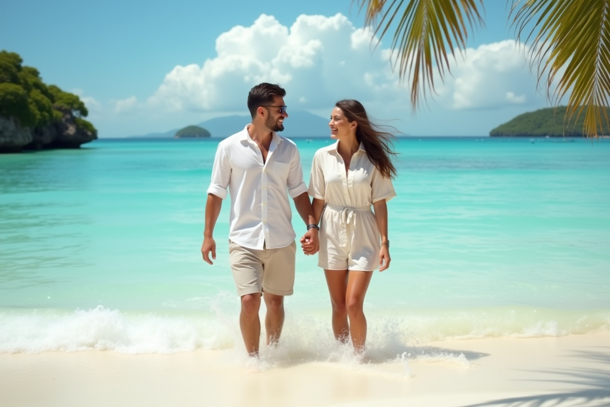 Jeune couple en lune de miel à la plage tropicale