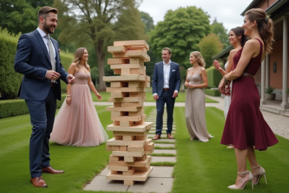 Groupe d'invites de mariage jouant à un jeu en plein air