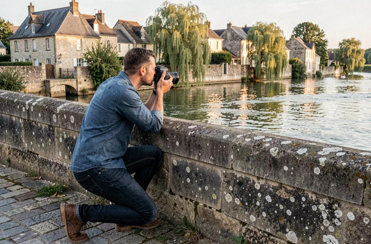 Jordan Chaleix photographiant un couple de mariés sur un pont en Gironde