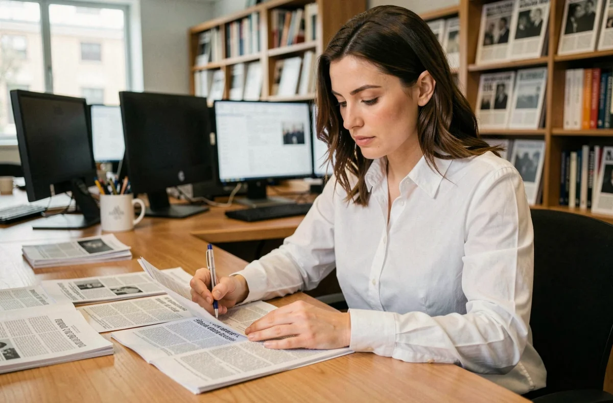 Journaliste femme analysant des articles de presse pour distinguer information et rumeur dans une salle de rédaction moderne