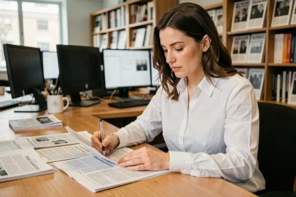 Journaliste femme analysant des articles de presse pour distinguer information et rumeur dans une salle de rédaction moderne