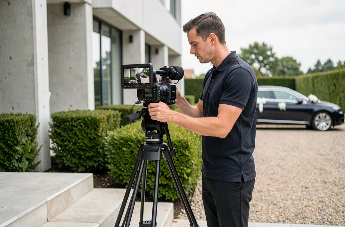 Vidéaste professionnel vérifiant sa caméra devant une salle de mariage à Cestas