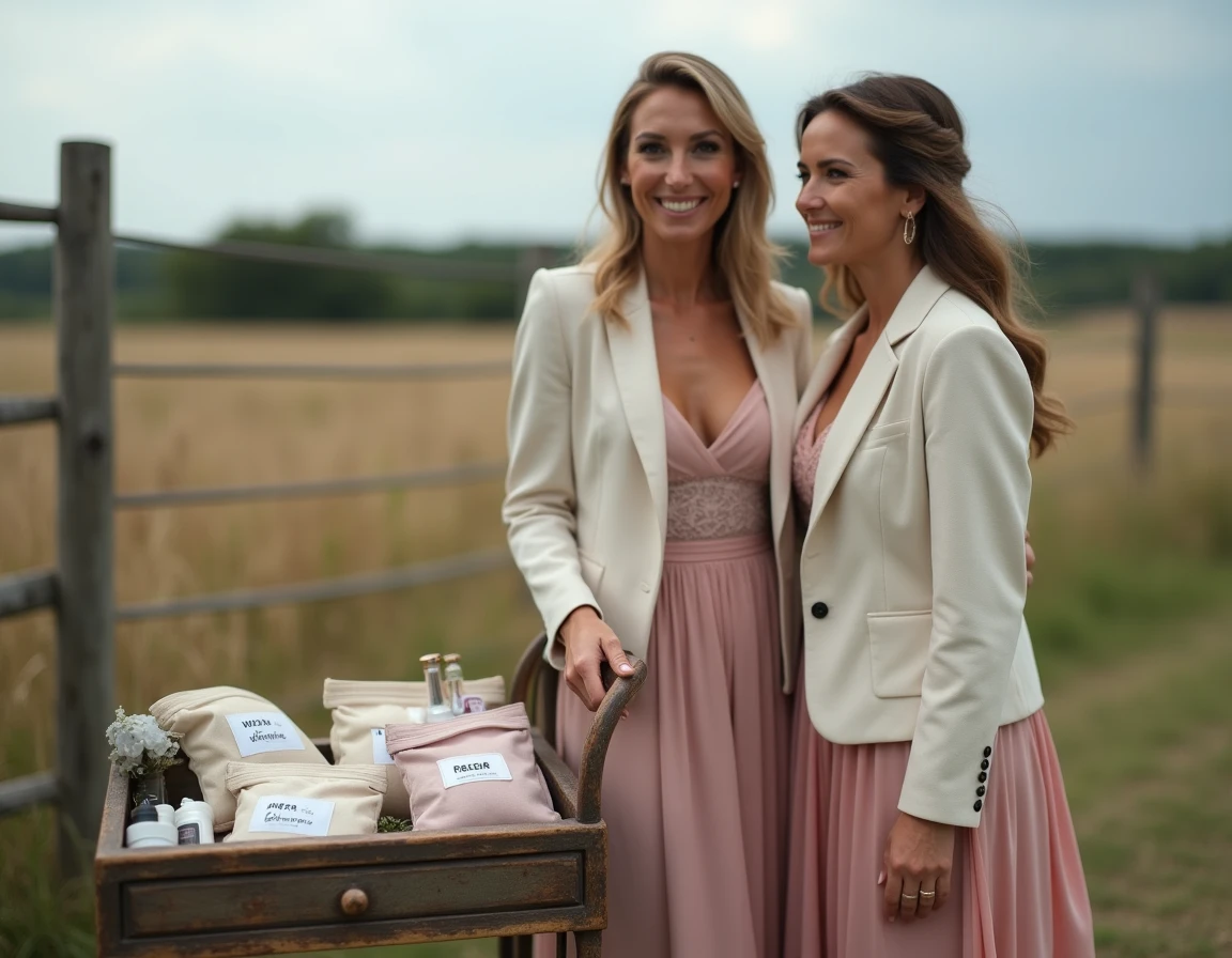 Demoiselle d'honneur et wedding planner organisant un kit de survie mariage en plein air sur un chariot bar rustique dans un décor champêtre
