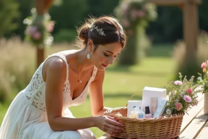 Mariée en robe de dentelle blanche préparant son kit de survie mariage dans un panier en osier posé sur une table en bois en plein air