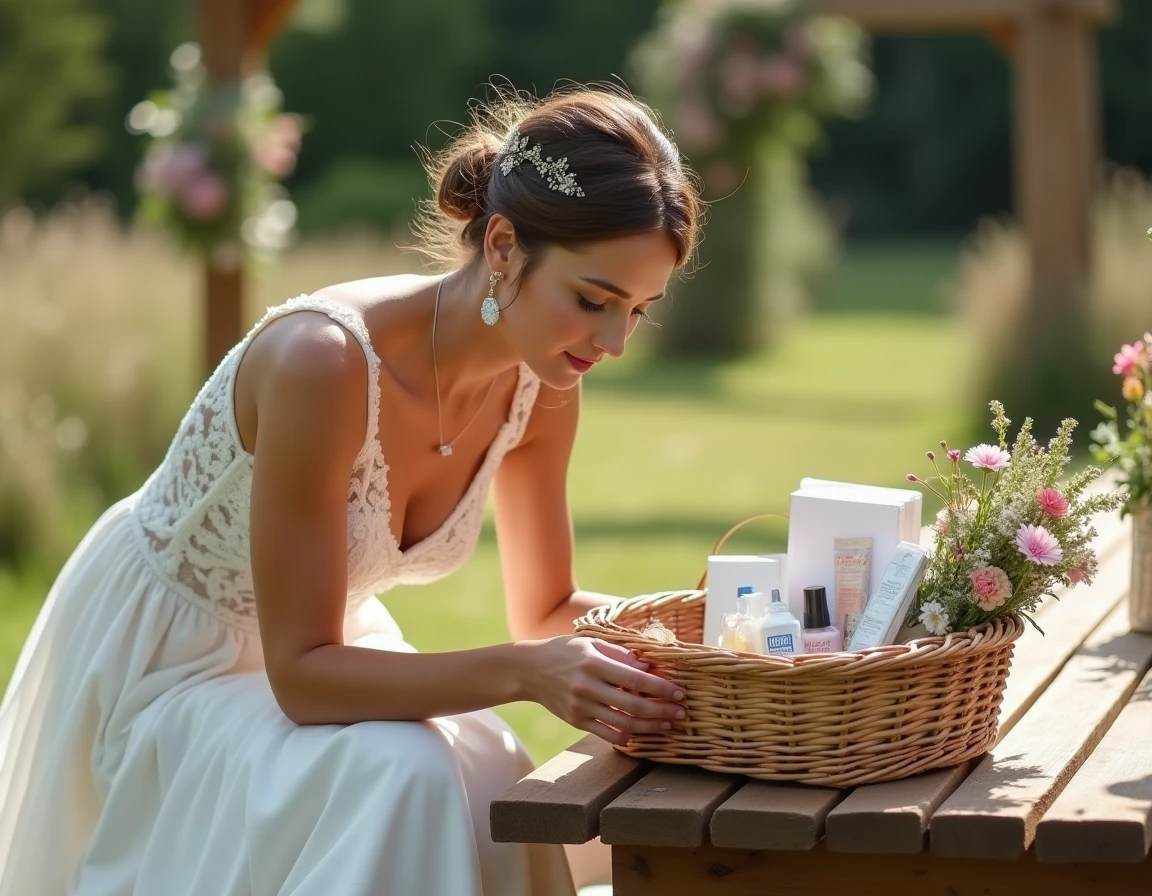 Mariée en robe de dentelle blanche préparant son kit de survie mariage dans un panier en osier posé sur une table en bois en plein air