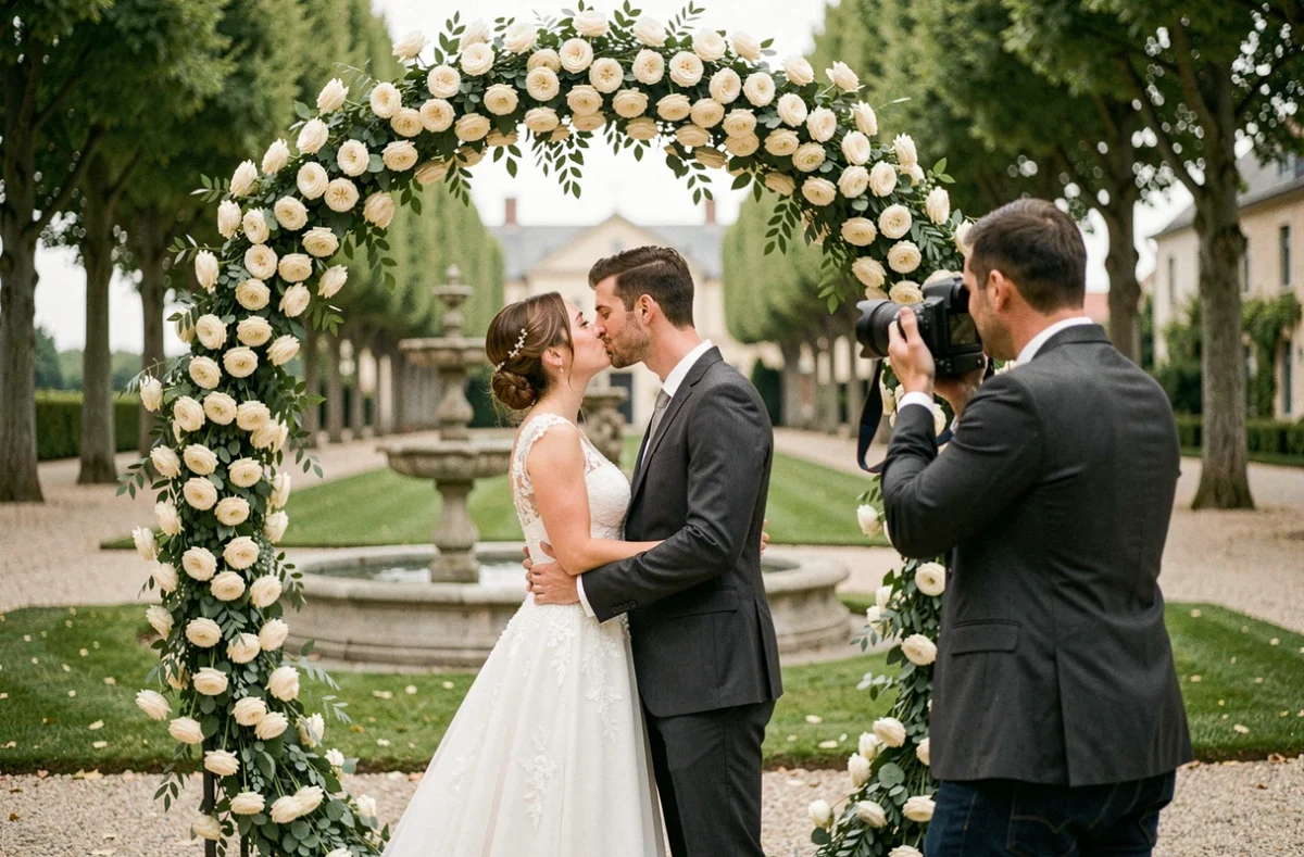 Legoupil Valentin photographiant le premier baiser des mariés sous une arche florale en Gironde
