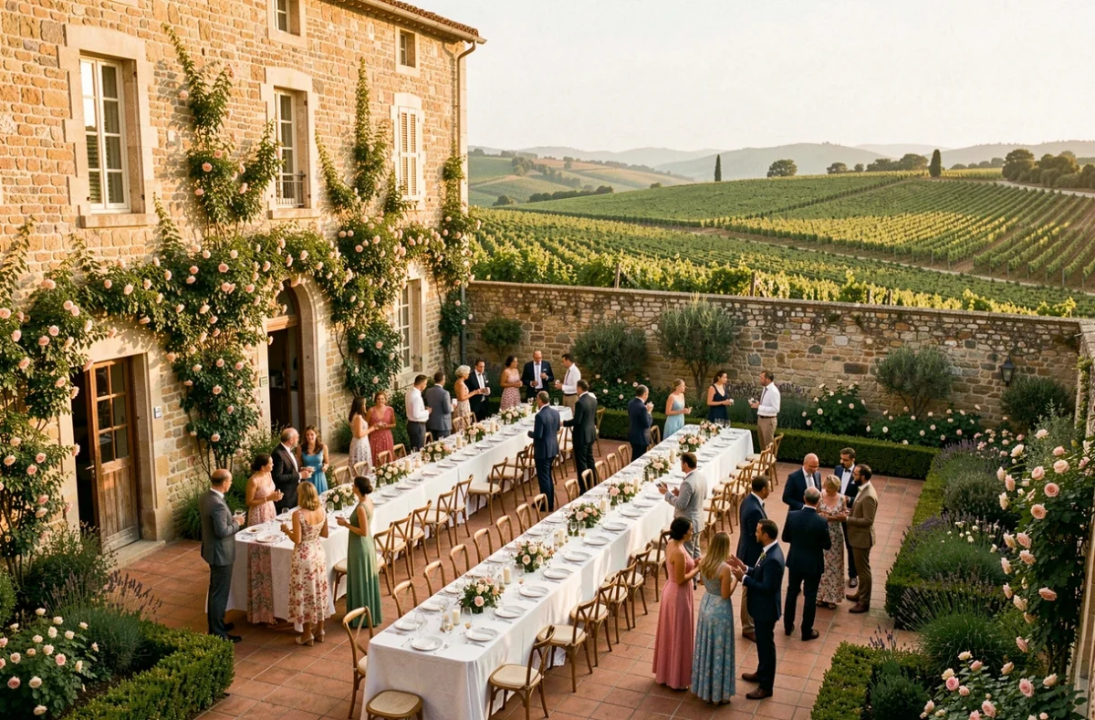 Vue panoramique d'un lieu de réception de mariage en Occitanie avec terrasse en pierre, tables dressées et vignobles en arrière-plan