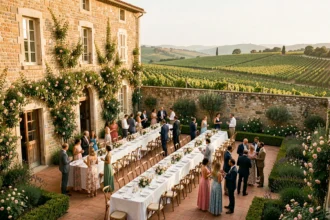 Vue panoramique d'un lieu de réception de mariage en Occitanie avec terrasse en pierre, tables dressées et vignobles en arrière-plan