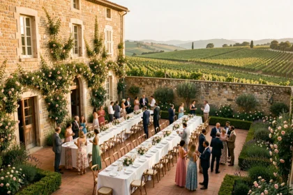 Vue panoramique d'un lieu de réception de mariage en Occitanie avec terrasse en pierre, tables dressées et vignobles en arrière-plan