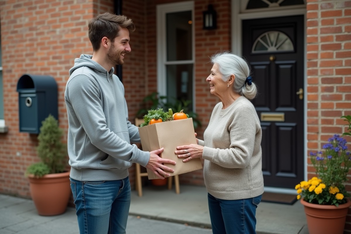 Jeune homme donne un sac de nourriture à une femme âgée