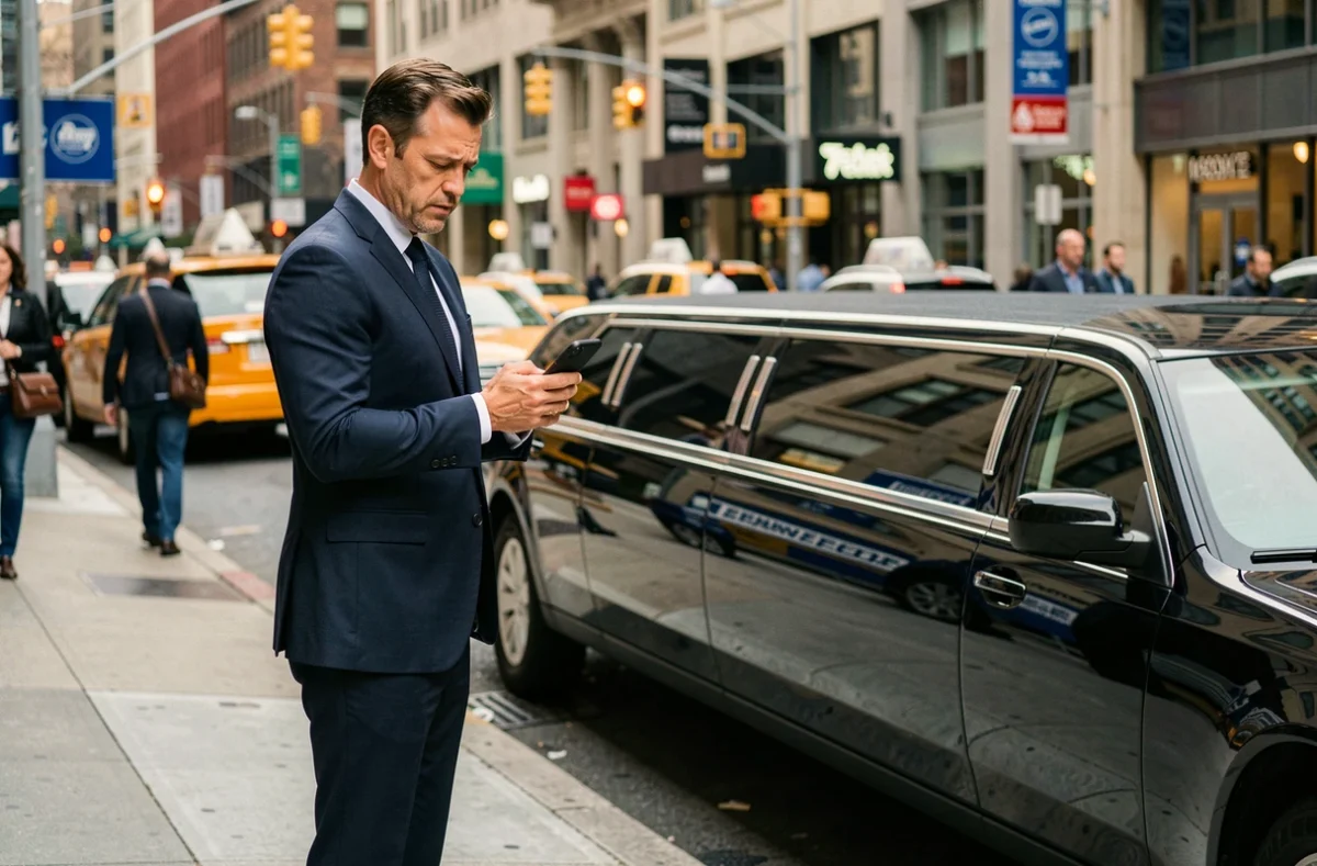 Homme en costume sombre consultant son téléphone à côté d'une limousine noire en ville pour une réservation de dernière minute