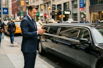 Homme en costume sombre consultant son téléphone à côté d'une limousine noire en ville pour une réservation de dernière minute