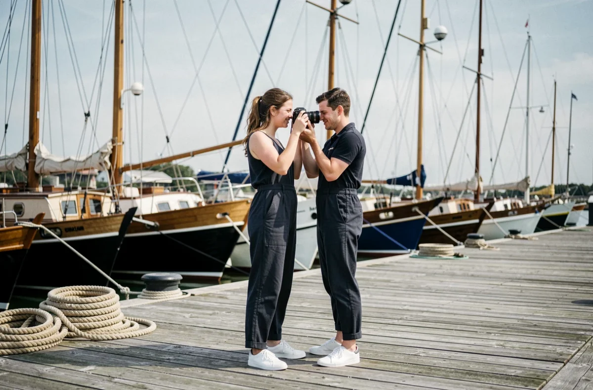 Lovely Zoom photographiant un couple de mariés lors d'un premier regard romantique sur le ponton d'un port de plaisance à Rochefort