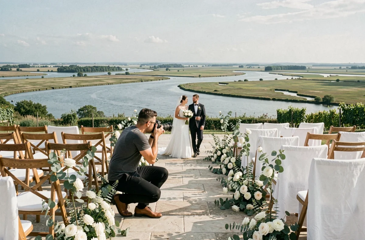 Luka Fayon photographiant une cérémonie de mariage en plein air sur les rives de la Garonne
