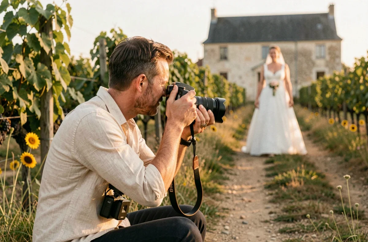Photographe et vidéaste de mariage capturant une mariée dans un vignoble en Gironde
