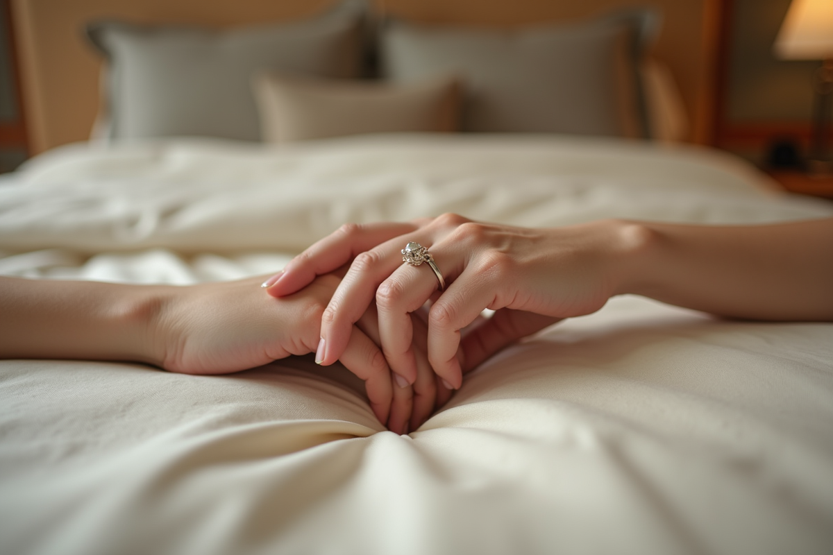 Mains entrelacees avec bagues de mariage sur la literie