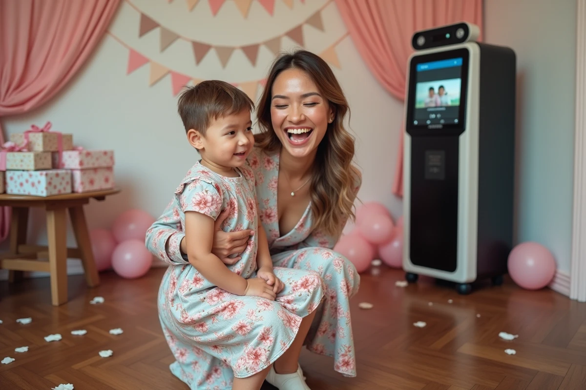 Maman et son fils souriants devant la cabine photo lors d