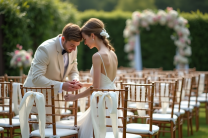 Jeune couple de mariés décorant des chaises en plein air