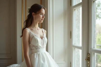 Jeune femme en robe blanche élégante près d'une grande fenêtre