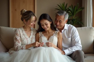 Jeune mariée avec ses parents regardant un prix discrètement