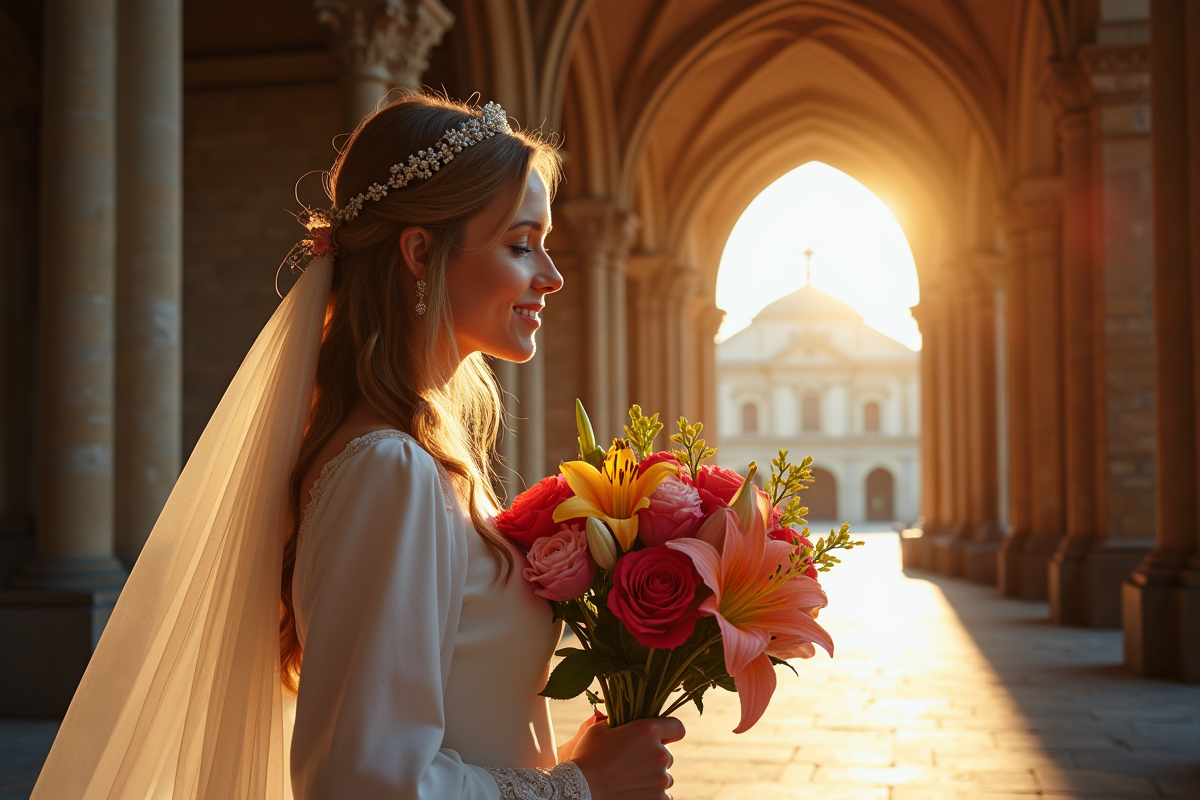 Fille de mariage tenant un bouquet coloré devant une église