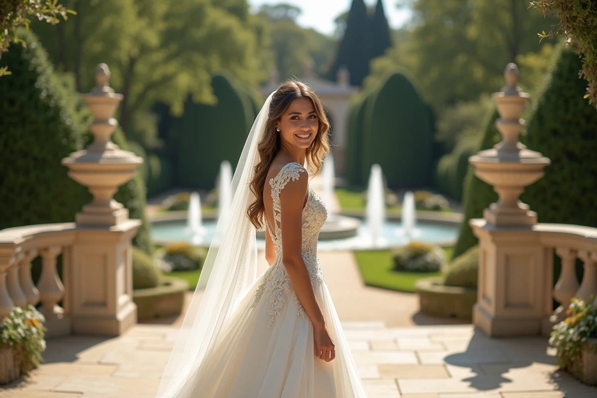 Jeune mariée souriante en robe de luxe dans un jardin français