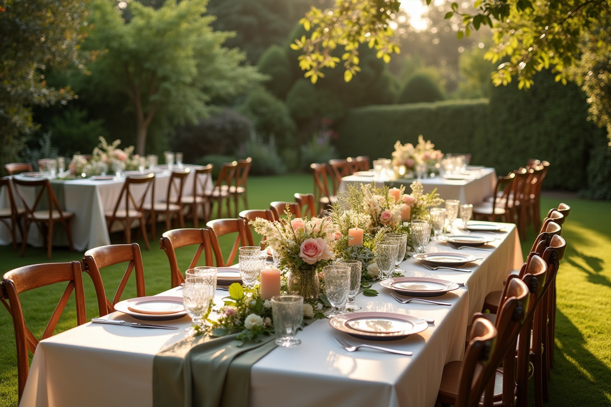 Décoration de mariage en plein air dans un jardin verdoyant