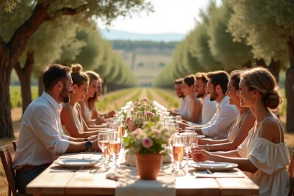 Réception de mariage écoresponsable en plein air dans un vignoble provençal du Var avec décoration naturelle et vaisselle réutilisable