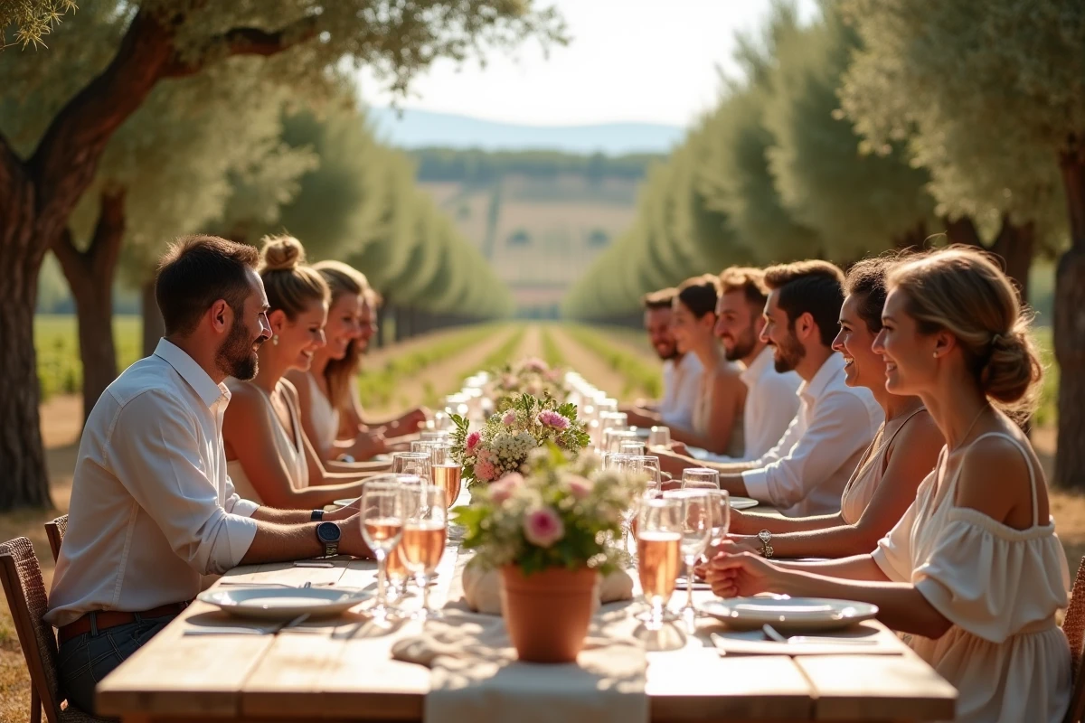Réception de mariage écoresponsable en plein air dans un vignoble provençal du Var avec décoration naturelle et vaisselle réutilisable