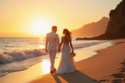 Couple de jeunes mariés sur la plage au coucher de soleil
