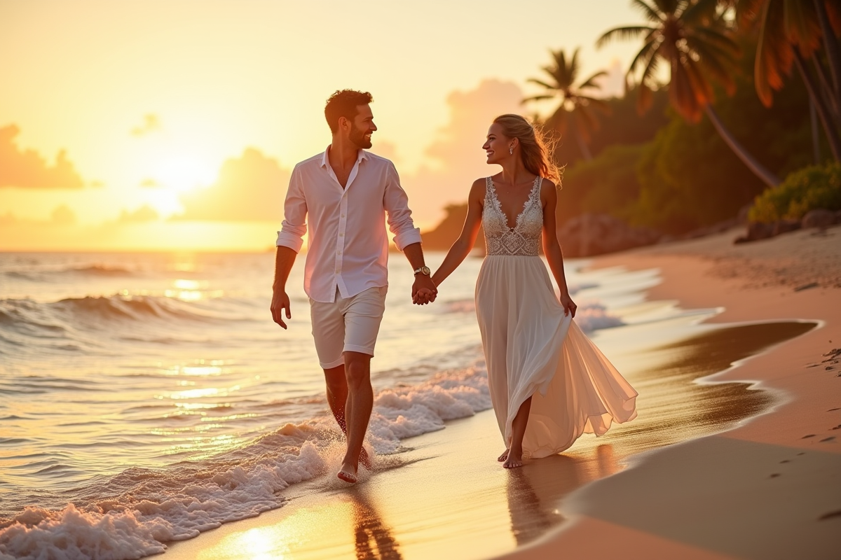 Jeune couple marié marche main dans la main sur une plage tropicale au coucher du soleil