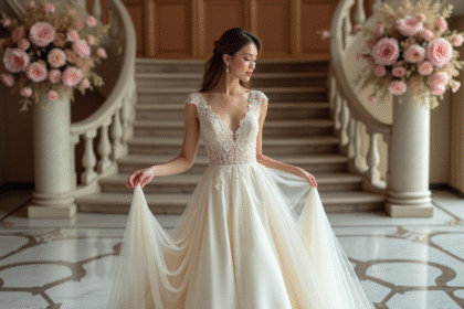 Mariée ajustant sa robe de mariage en dentelle ivoire