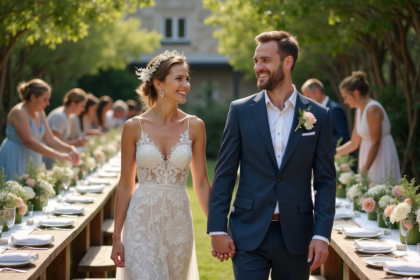 Couple heureux préparant un mariage en plein air dans un jardin