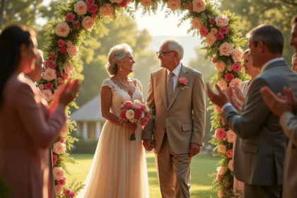 Couple âgé souriant sous arche florale lors d'un mariage