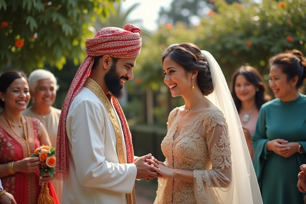 Couple en tenues traditionnelles échangeant des alliances lors d'un mariage multiculturel dans un jardin