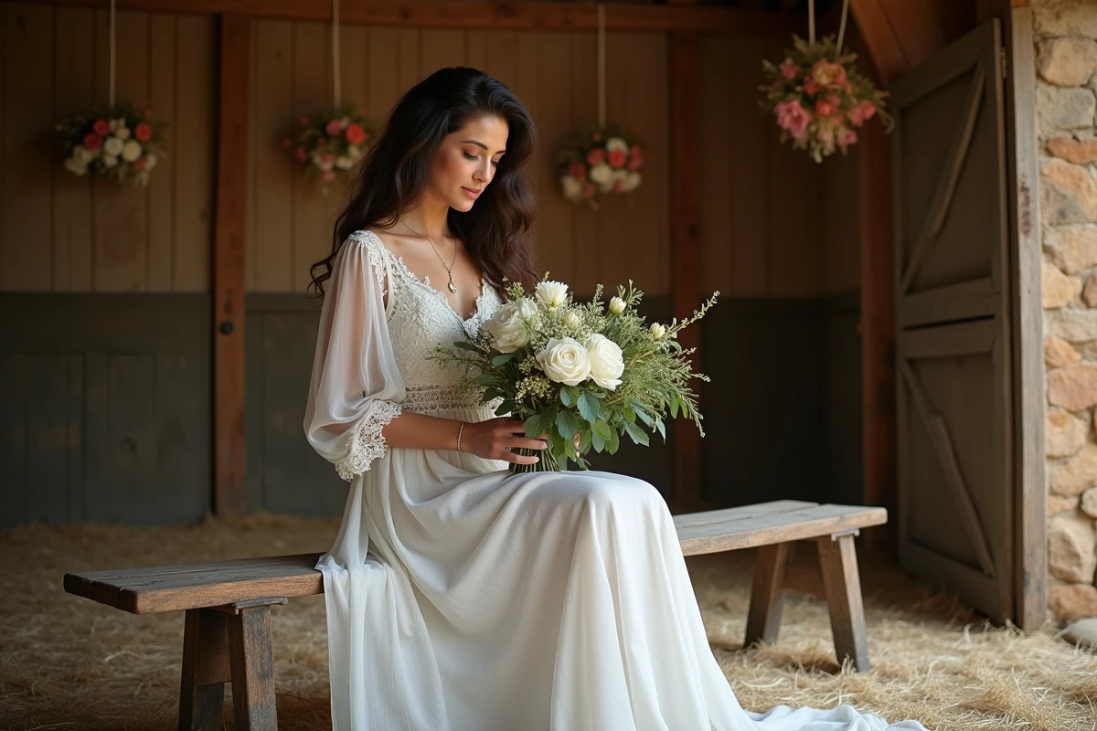 Mariée en robe bohème blanche brodée assise dans une grange rustique décorée de fleurs séchées, style éditorial mariage 2026