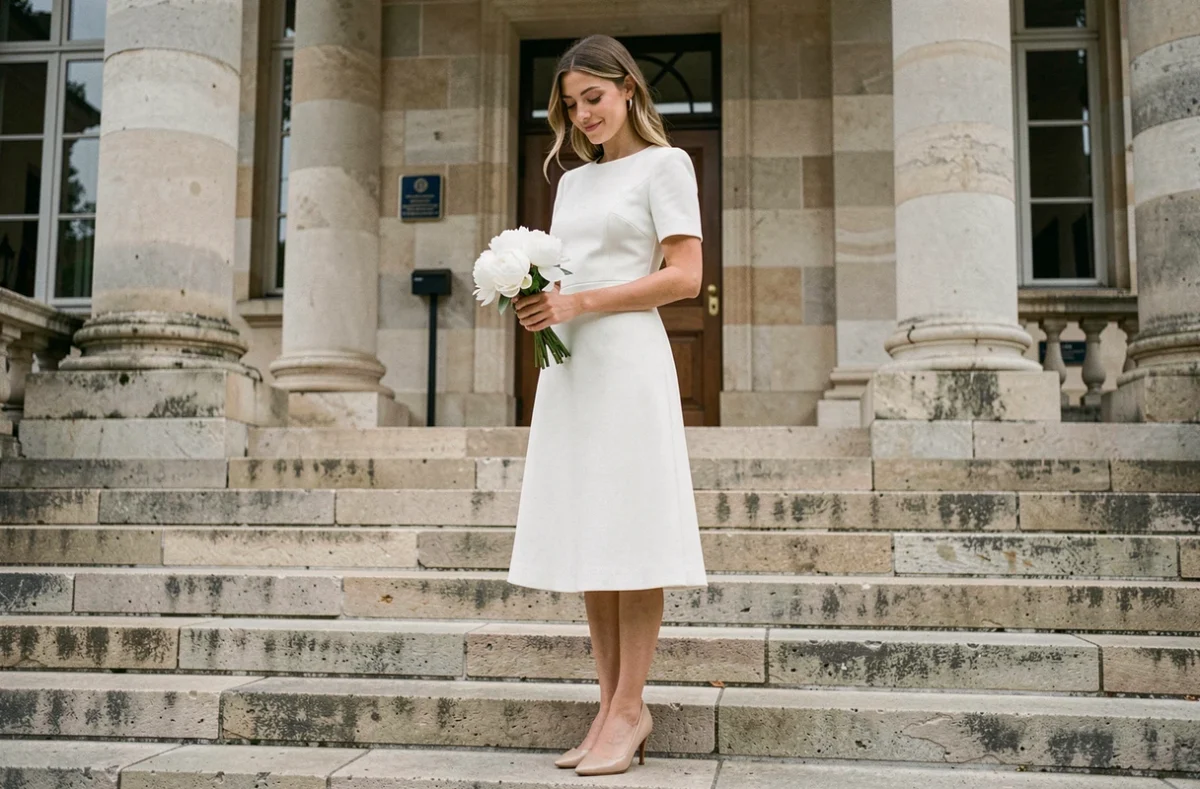 Mariée en robe midi blanche portant des chaussures à petit talon nude devant une mairie lors d'une cérémonie civile